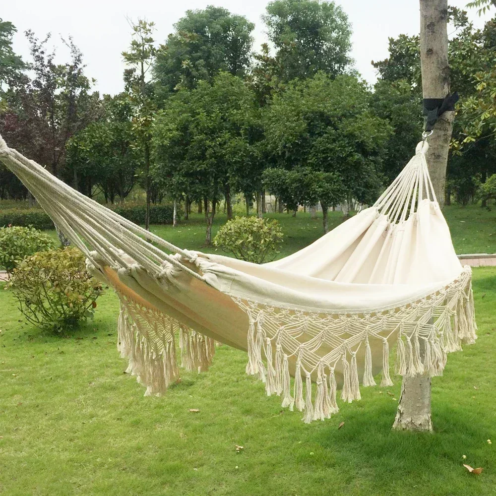 286*140cm 2 Person Hammock Large Brazilian Macrame Fringe Double Deluxe Hammock Swing Net Chair Outdoor Hanging Hammock Swings