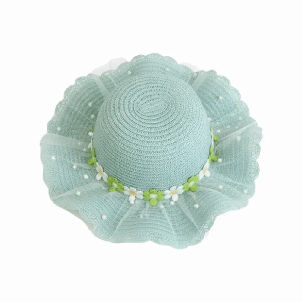 

Wide Brim Children Sun Hat Pearl Decoration Breathable Material Kids Sun Hat Straw Material Lace Trim Straw Hat Summer Season