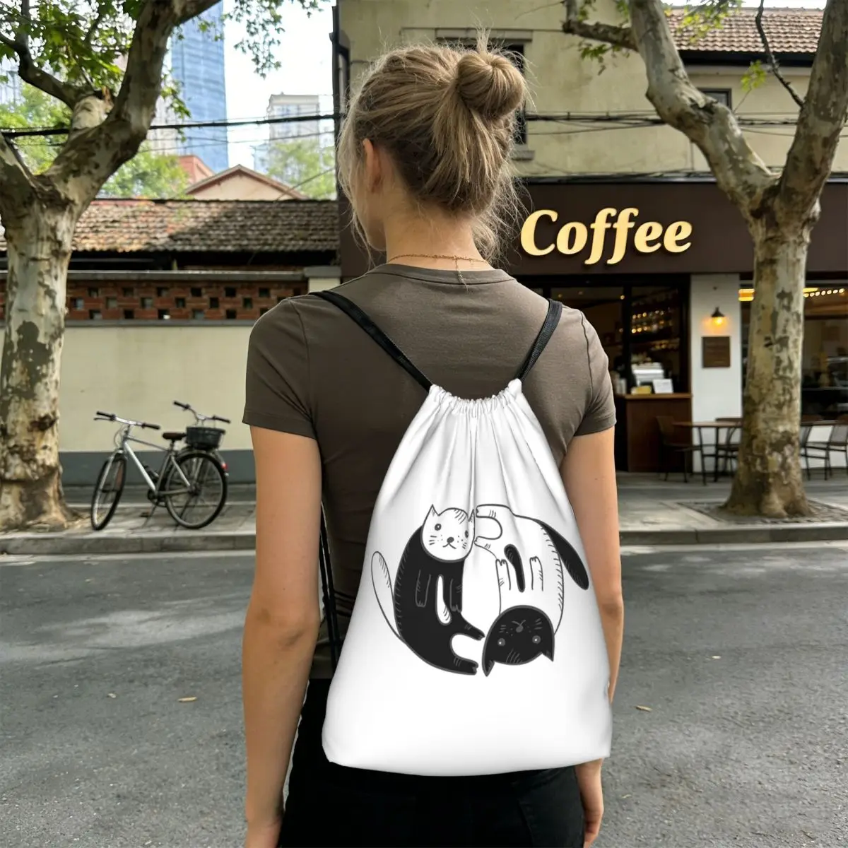 

Cartoon Black White Cat Print Backpacks Multi-function Drawstring Bags Storage Bag Book Bags for Man Woman Students