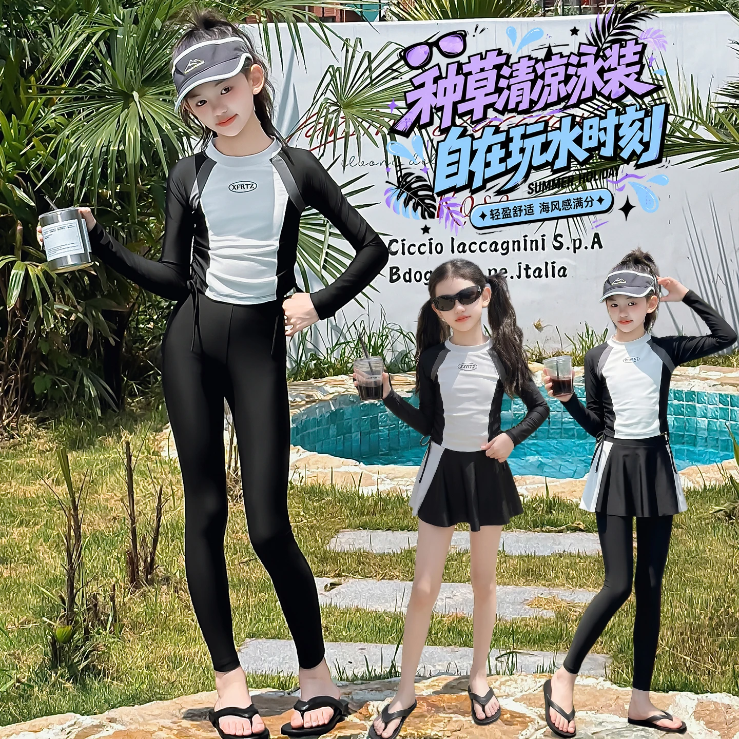 

Sporty Girls 3-Pieces Swimsuit Set Long Sleeve Rash Guard Top + Swim Trunks Toddler Vocation Slim Bathing Suit Ages 4-14 Years