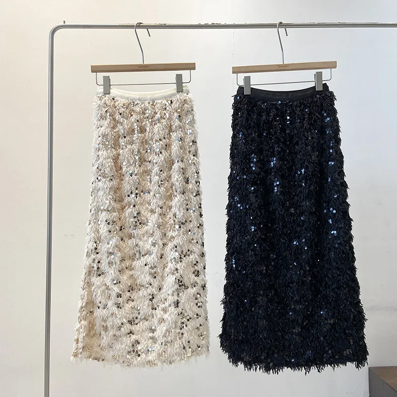 

Fashion Heavy Work Sequined Tassel A-line Long Skirt High Waist Solid Color Slit Skirt All-match Office Lady 2026 New Autumn