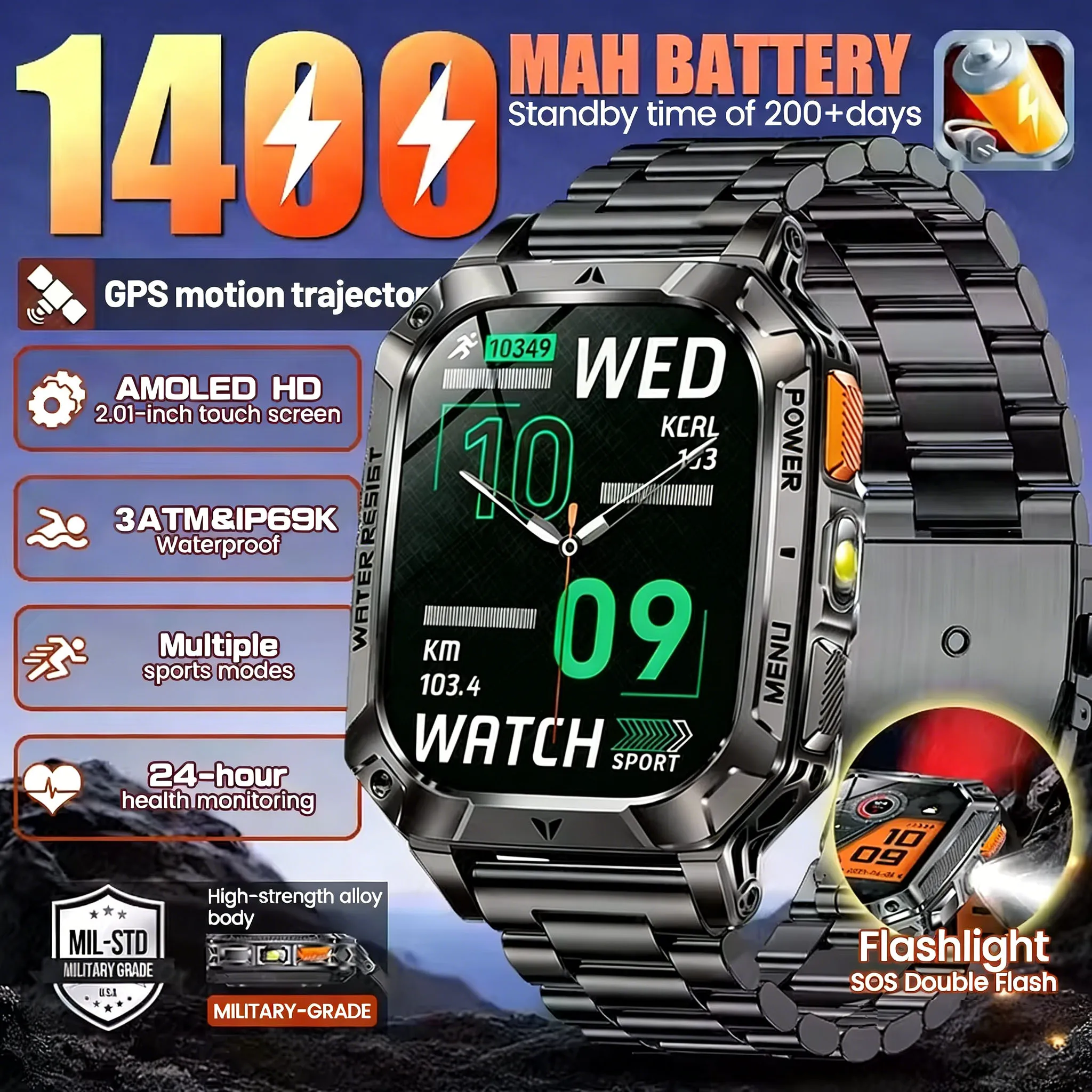 

Smartwatches HD AMOLED Call Bluetooth Modes Sports 100+ Waterproof IP68 Men Watch Smart Grade Military Battery mAh 1400 New 2026