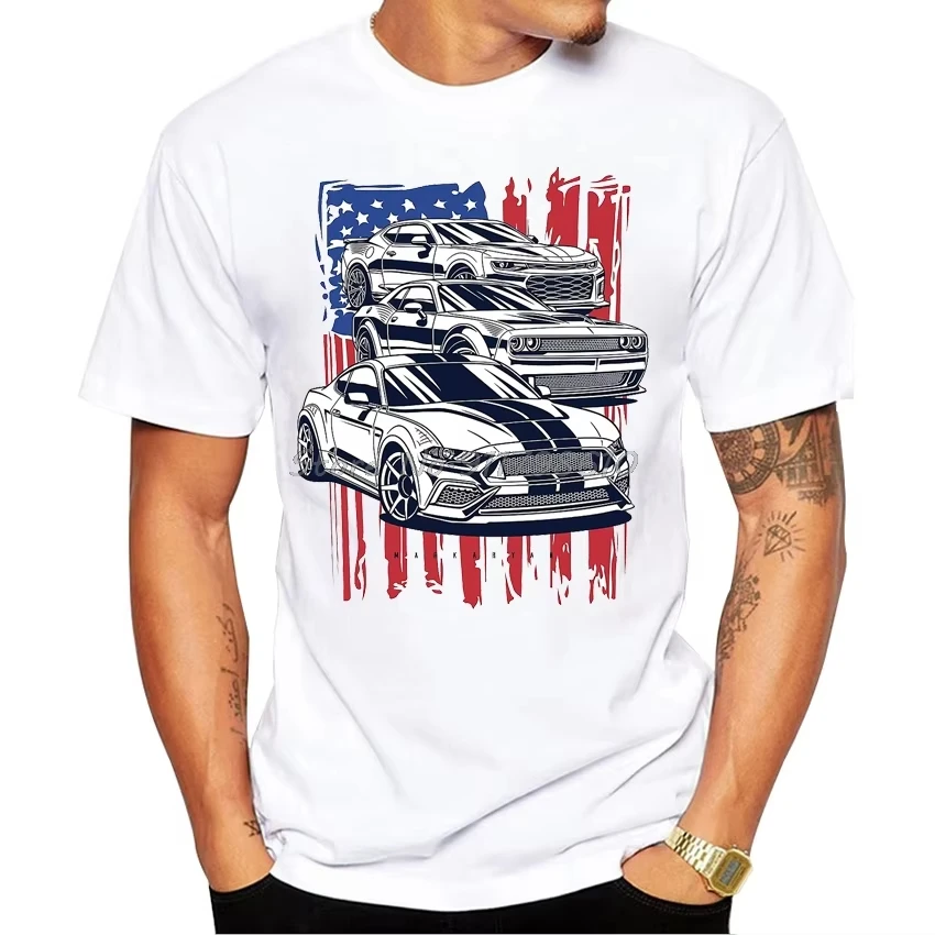 

2025 Summer Men's Short Sleeve American Crew Mustang Camaro Car Print T-Shirt Boys Casual White T-Shirt Cool Top Large Size