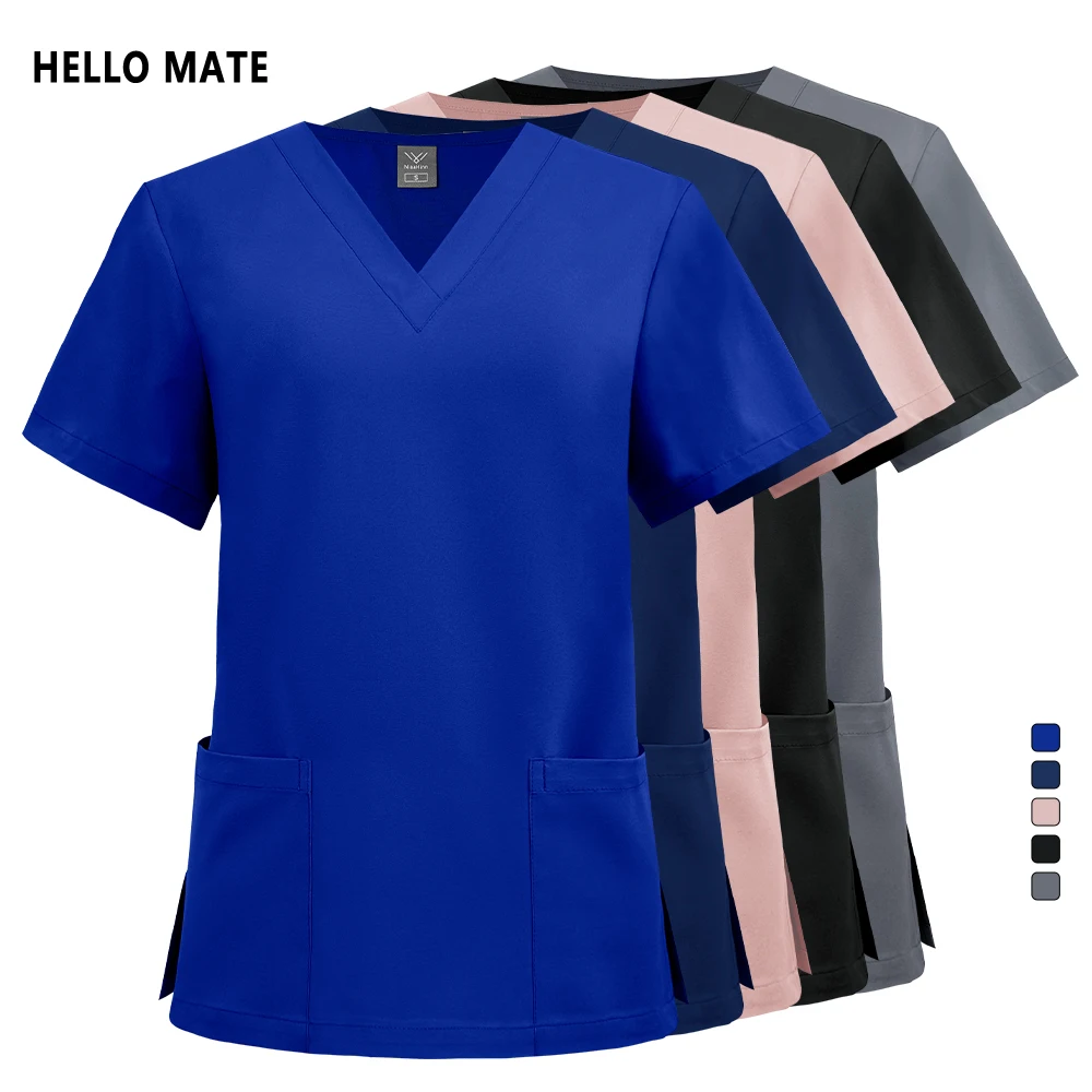 Women Men V-neck Tops Medicla Nursing Uniform Summer Short Sleeve Blouse Plus Size T-Shirt Hospital Nurse Uniform with 2 Pockets