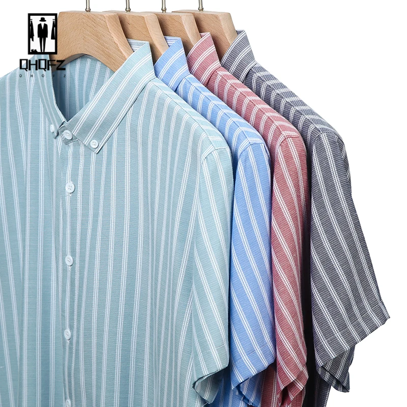 Camisa de algodón con solapa de manga corta para hombre, Top informal a rayas, cómodo, sin planchado, resistente a las arrugas, moda de verano, nuevo