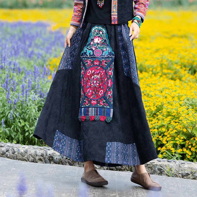 

Юбка в стиле пэчворк с вышивкой, осенняя коллекция, большой волан с ушками, повседневная хлопковая юбка трапециевидной формы в стиле ретро в стиле ретро