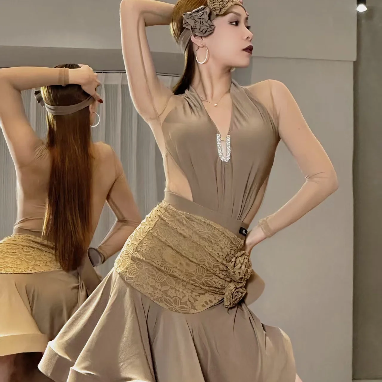 英国ラテンダンスドレス レディース メッシュ長袖トップス ボーン入りスカートセット パフォーマンス練習用 ボールルームダンス衣装