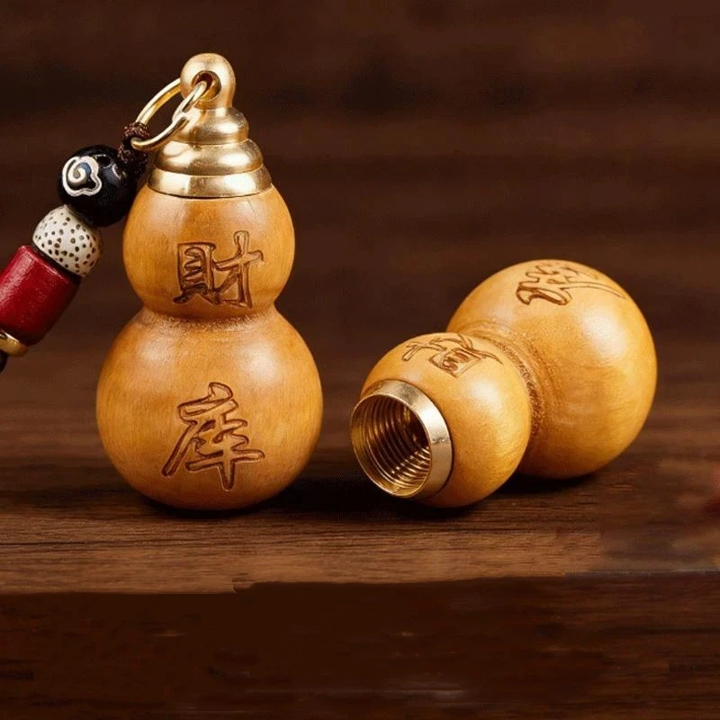 1Pcs Paulownia Wood Wealth Vault Blessing Gourd Keychain Pendant Filled With Red Sand, Unisex Portable Car Hanging Decoration