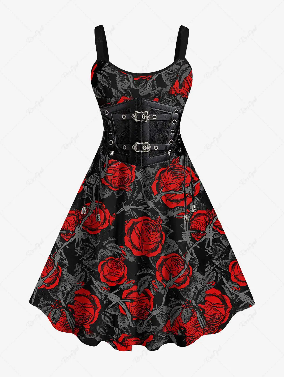 Plus Size Halloween Dress for Women, Rose Skull, Bird Grommets, Lace Up, 3D Print, Spring Summer Casual Backless Cami Dress