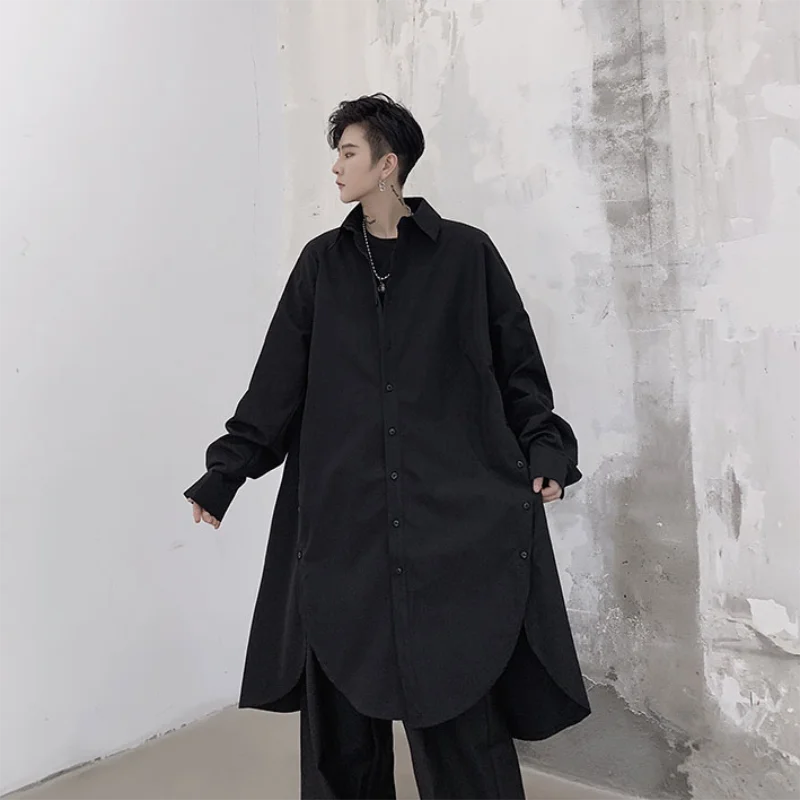 

Men's Long-Sleeved Shirt Spring And Autumn New Mid-Length Personality Slit Multi-Button Casual Loose Large Size Shirt