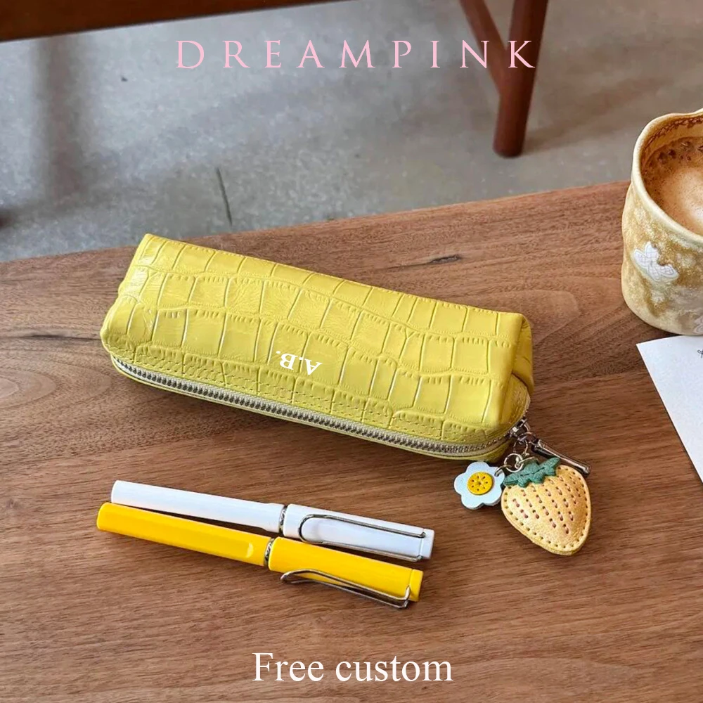 Luxury Genuine Leather Pencil Bag Custom Name Crocodile Pattern Women Zip Makeup Pouch Cowhide Burshes Stationalry Cosmetic Bag