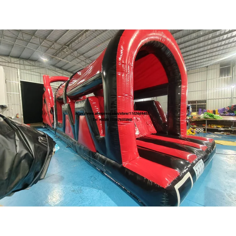 14*3*3.5m Commercial Red and Black Fun Run Game Toy Obstacle With Slide Combo Long Inflatable Obstacle Course
