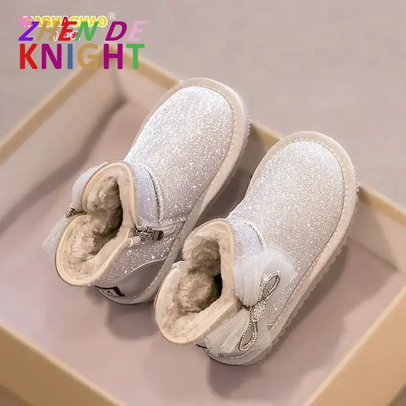 

Детские модные зимние сапоги со стразами и блестками, зимние сапоги для девочек, детские зимние хлопковые плюшевые блестящие сапоги принцессы с бантом, классические