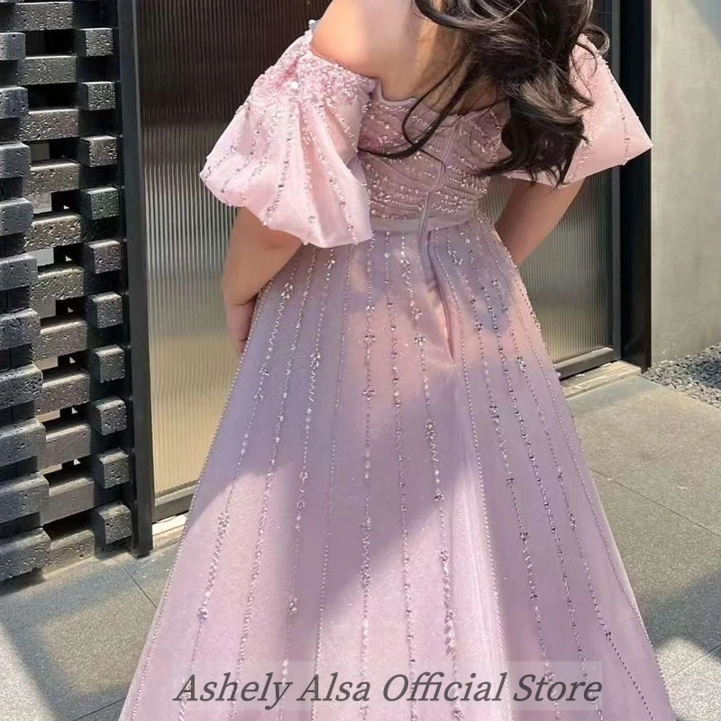 Customized Light Pink Women Evening Dress With Skirt Off Shoulder Beading Floor Length Formal Occasion Dress Party Pageant Gown