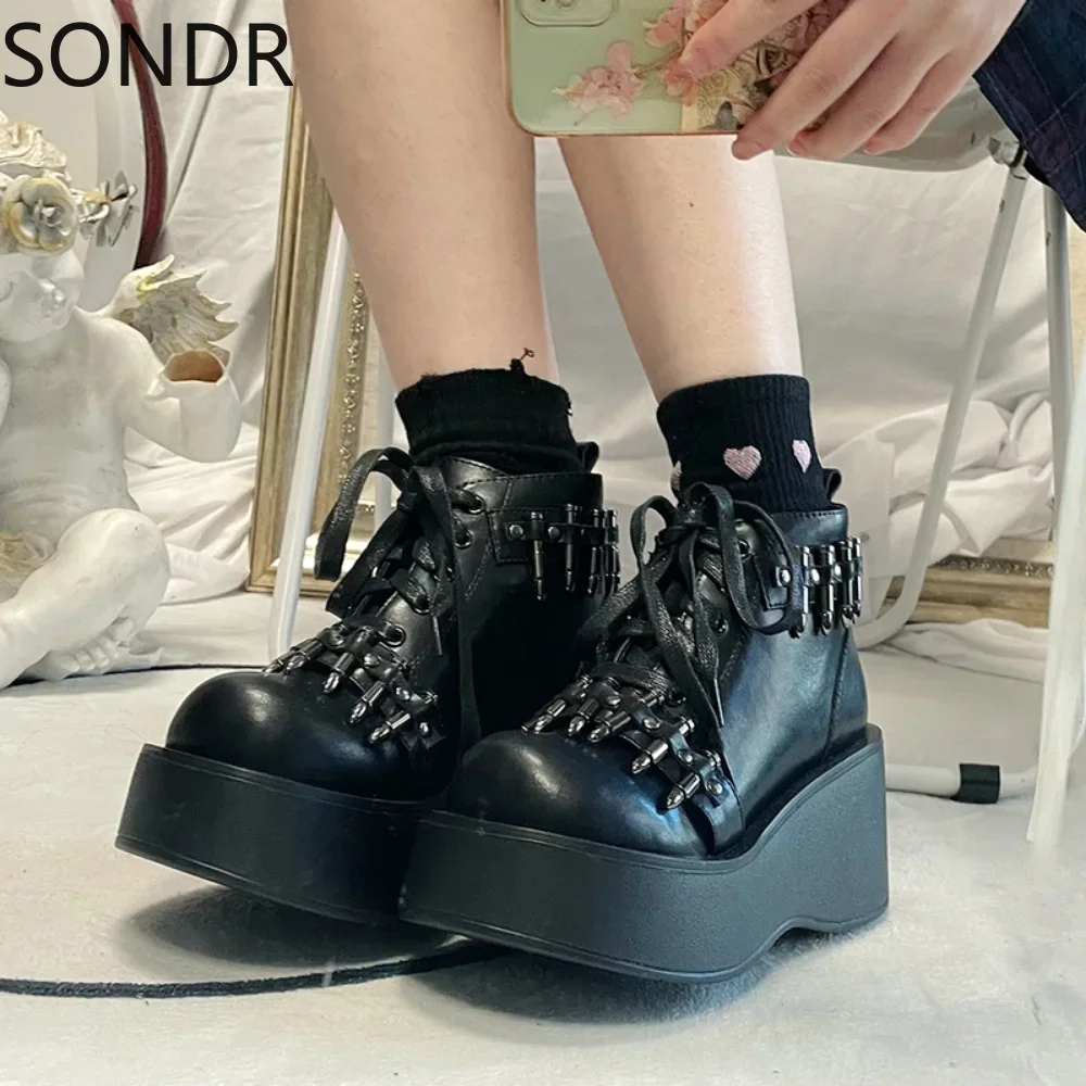 Womens Lolita Rivet Bullet Metal Chain Gothic Punk Pumps Shoes Boots Creepers Japanese Harajuku Platform Belt Buckle Dark