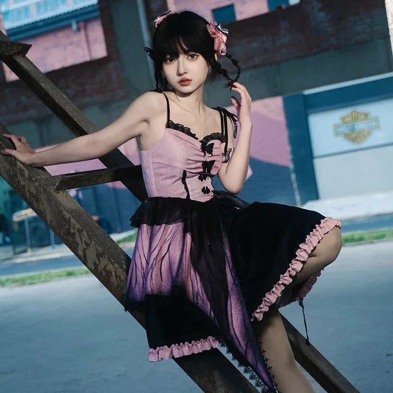 original-japanese-harajuku-punk-cross-purple-stitching-dress-hot-girl-fashion-lolita-temperament-kawaii-sweet-slim-dress