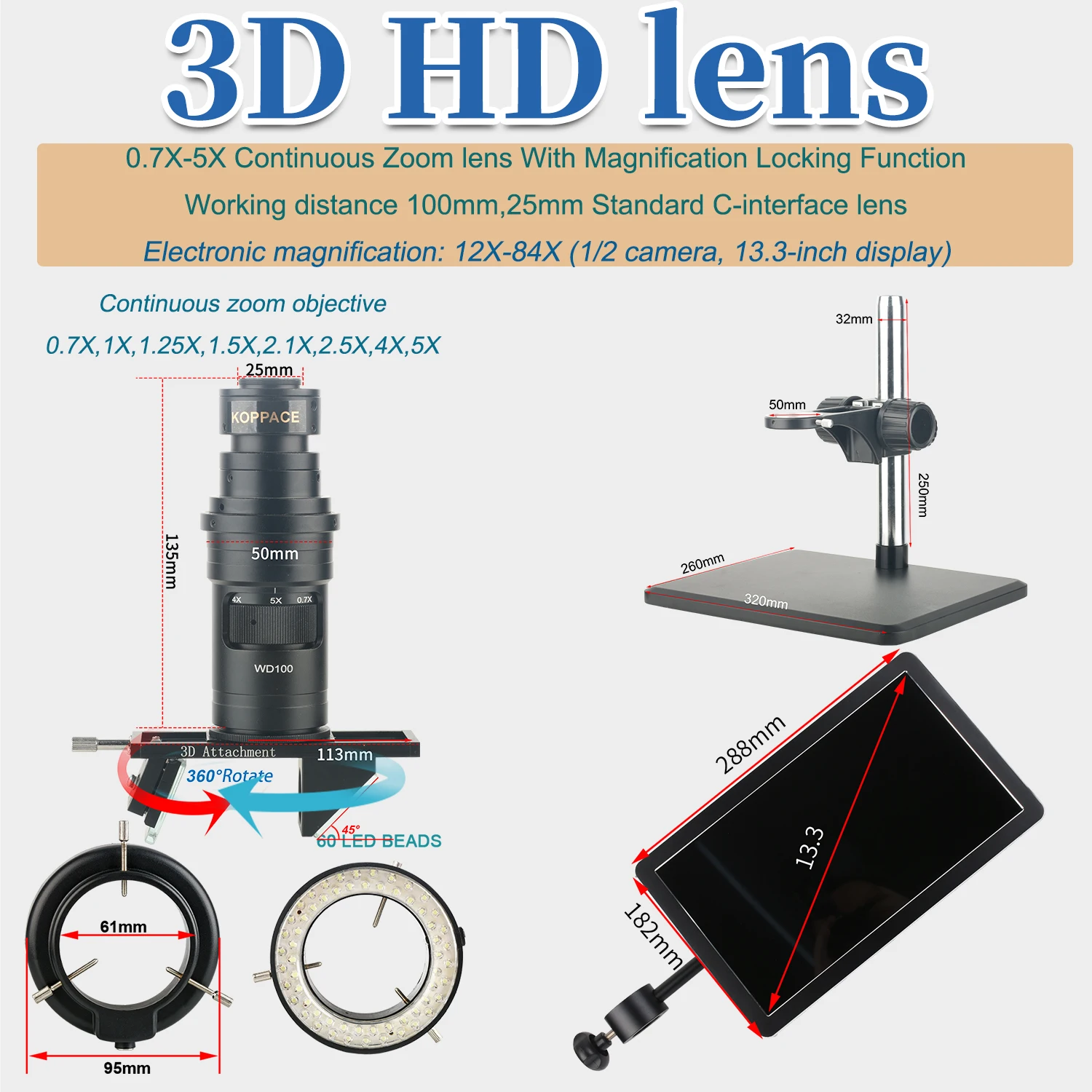 Microscopio elettronico di misura 3D KOPPACE 12X-84X 360 °   Interruttore libero rotante 2D/3D