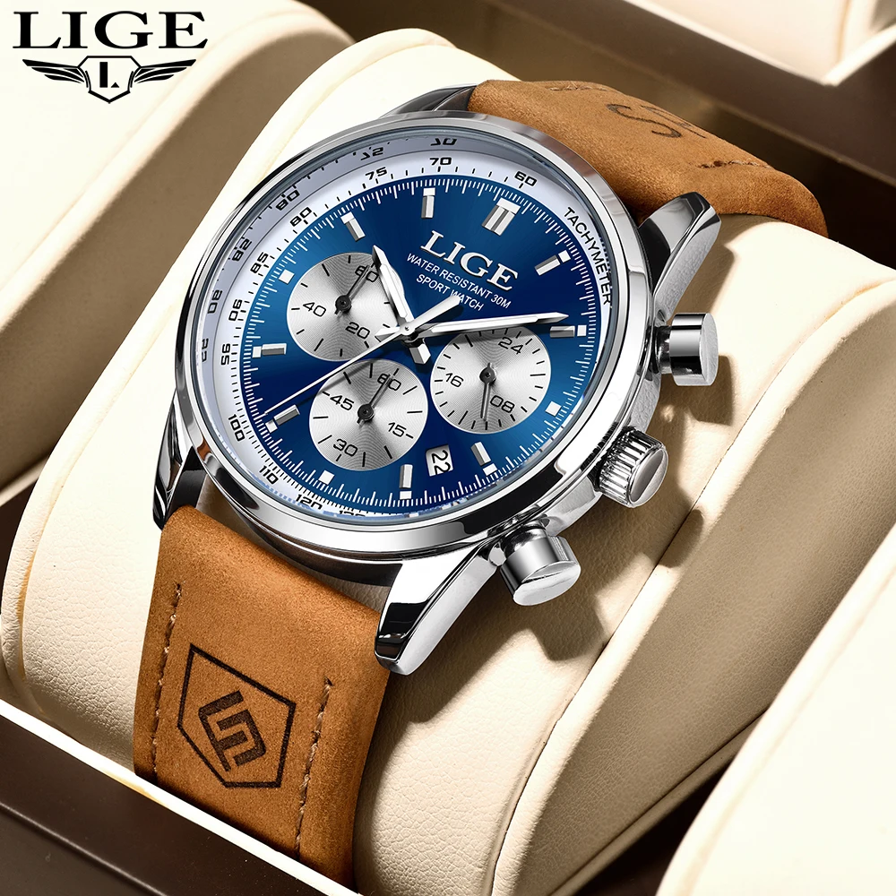 LIGE Luxury Man Watch High Quality Waterproof Chronograph Luminous Men's Wristwatch Leather Men Quartz Watches Casual Clock