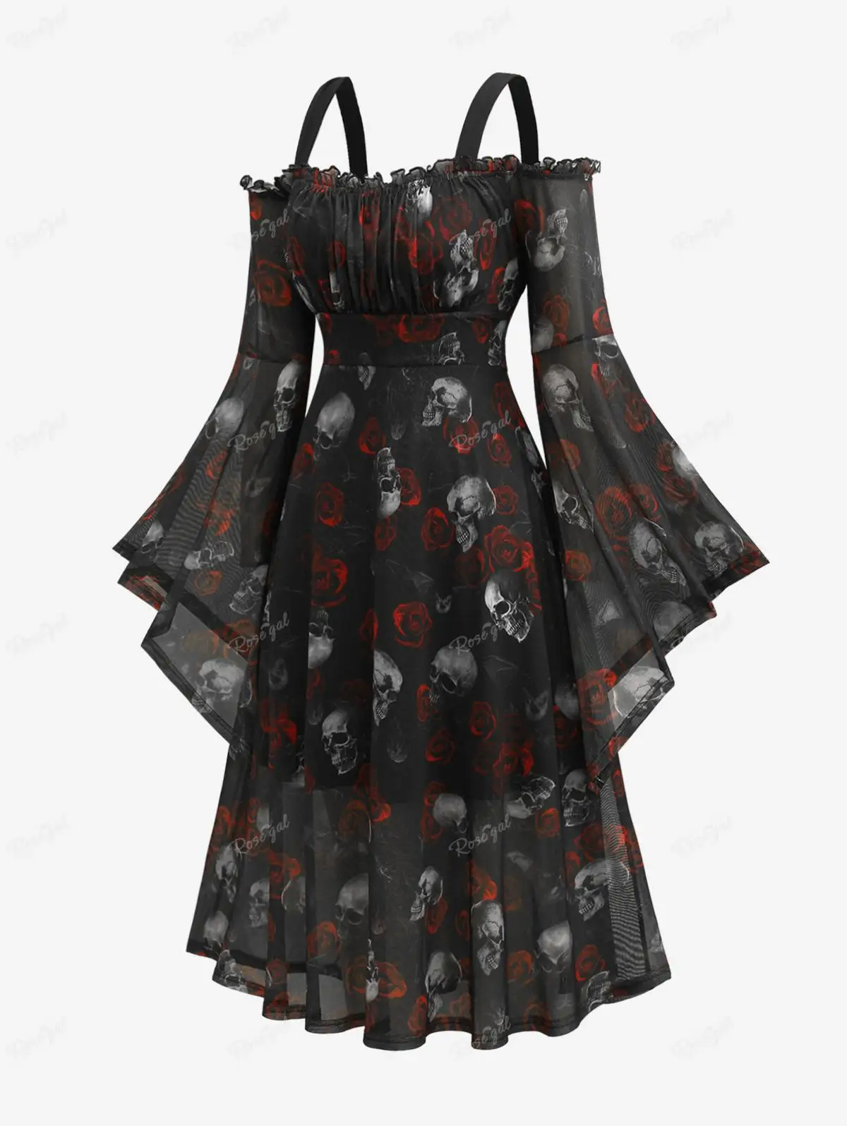 

ROSEGAL Plus Size Halloween Dresses For Women Skull Rose Print Mesh Bell Sleeve Cold Shoulder Dress Autumn Gothic Midi Vestido