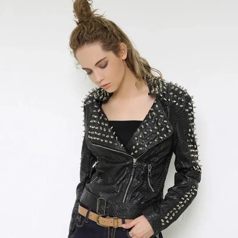 

New Fashion Women Punk Rock Costume Multi Rivets Metal Slim Fit short PU Leather Locomotive Jacket Coats Gothic Streetwear