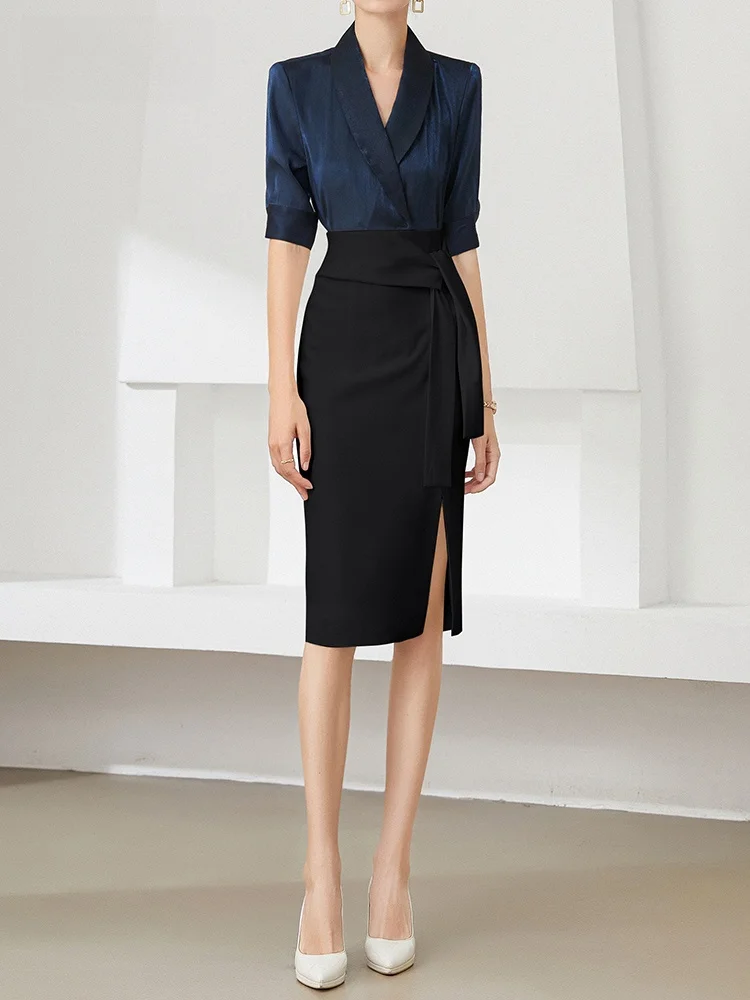 

Cobalt Blue Commuter Shirt Skirt Set Women's Summer Short Sleeve High-End Professional Suit Set Elegant Lady Outfit