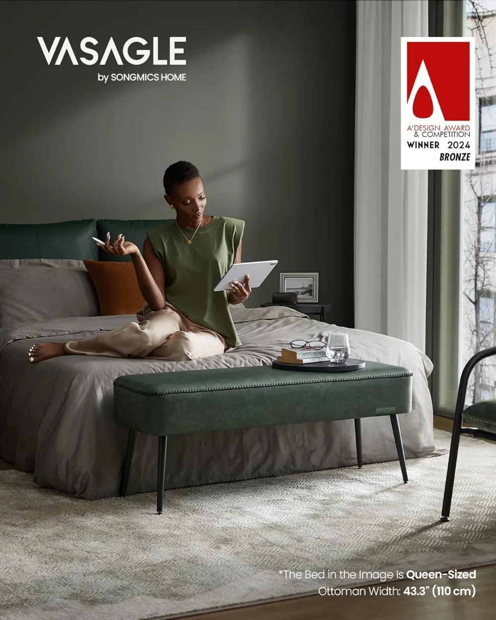 Mid-Century Modern Ottoman Bench, Synthetic Leather with Stitching, Steel Legs, Holds 660 lb, Forest Green for Living Room