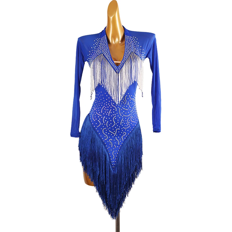 

New Latin Dance Long sleeved Tassel Dress High end All Diamond Dress Chacha Samba Latin Dance Professional Performance Dress