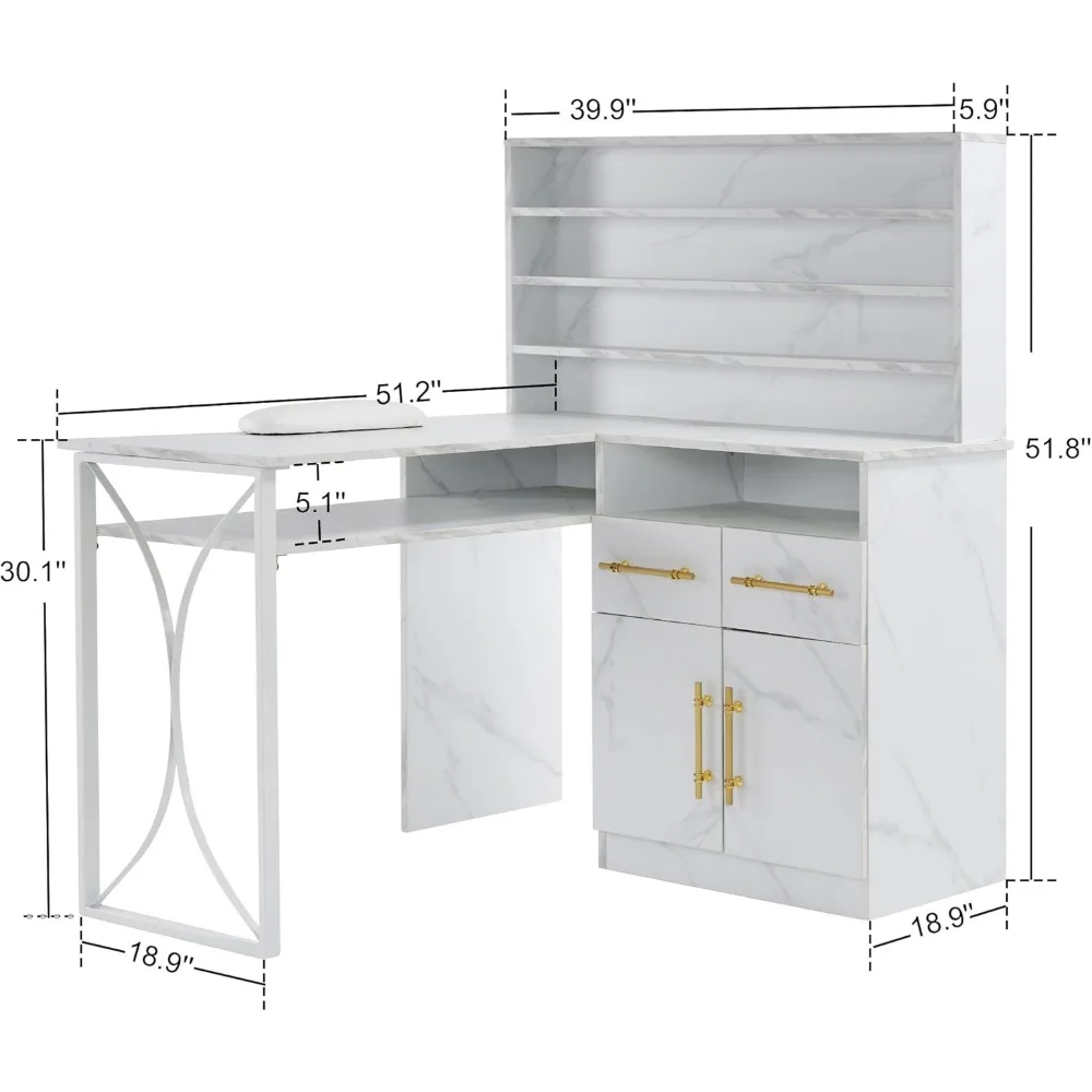 Bureau à ongles en forme de L pour le rangement, table de manucure polyvalente avec tiroirs de proximité, bureau à ongles avec armoires, poste de travail professionnel pour manucure