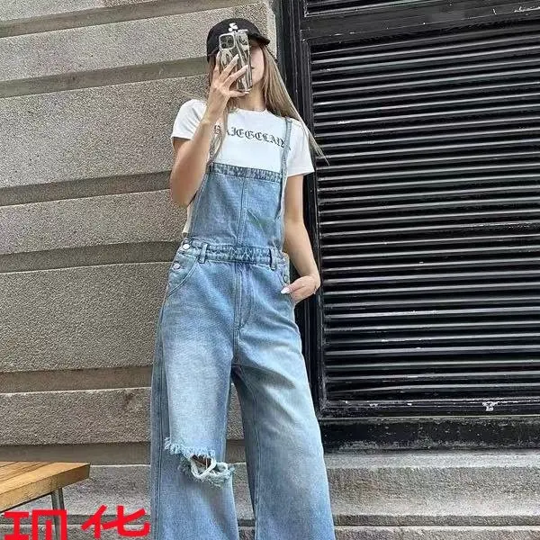 

Light Blue Washed Denim Overalls Women's Summer 2025 New Vintage Hole Wide Leg Jeans Slimming High Waist Cotton Blend