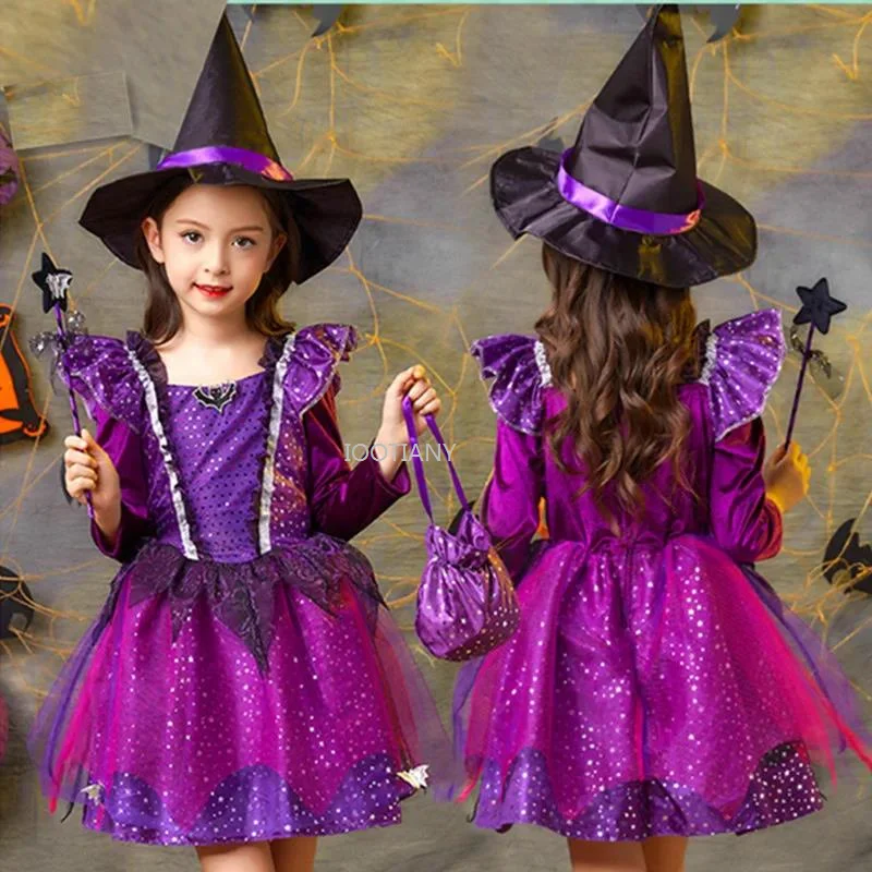 

Halloween Witch Cosplay Dress Kids Witch Costume Glittery Princess Dress With Hat For Girls Masquerade Carnival Party Dress Up