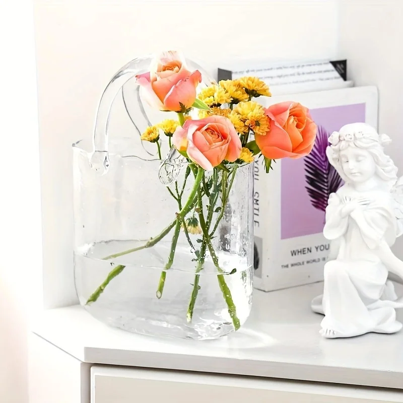 Clear Glass Vase Fish Tote Bag Flower Handbag Bag Vase Desktop Centerpiece for School Office Bedroom Holiday Decoration