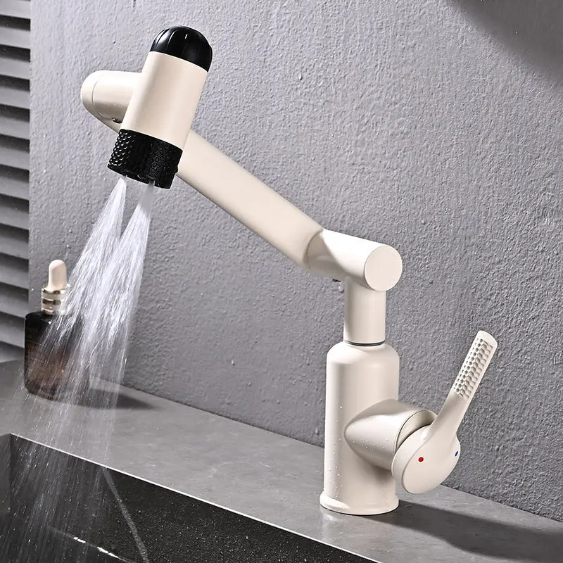 White Universal Rotating Bathroom Basin Faucet Mechanical Arm Washstand Single Hole Single Handle Hot and Cold Water Mixer Tap