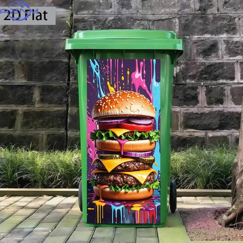 2D Flat Printing 1pc Trash Can Sticker 37×82cm Colorful Giant Burger Theme Design Self-Adhesive Wall Decal Wallpaper Kitchen T