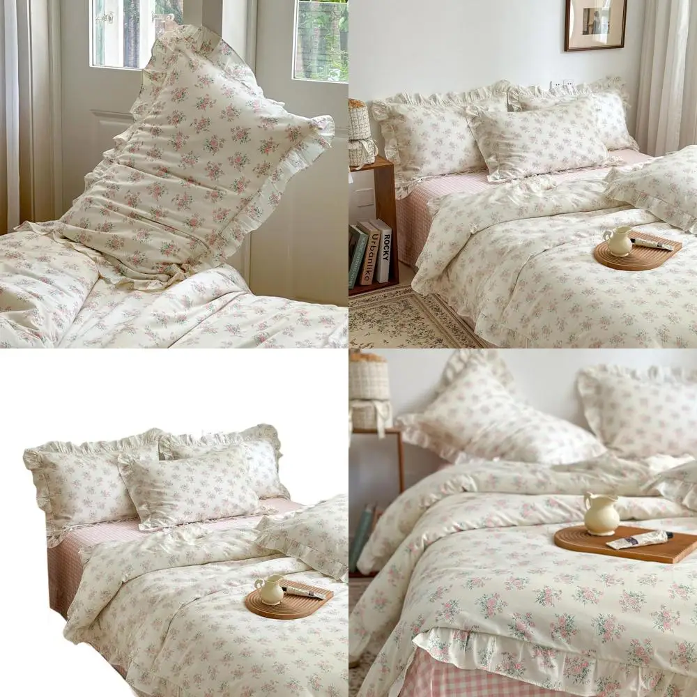 

Полноразмерный комплект одеял с розовыми цветочными рюшами — пододеяльник в стиле бохо в стиле Cottagecore с кружевом и 2 наволочками для девочек-подростков