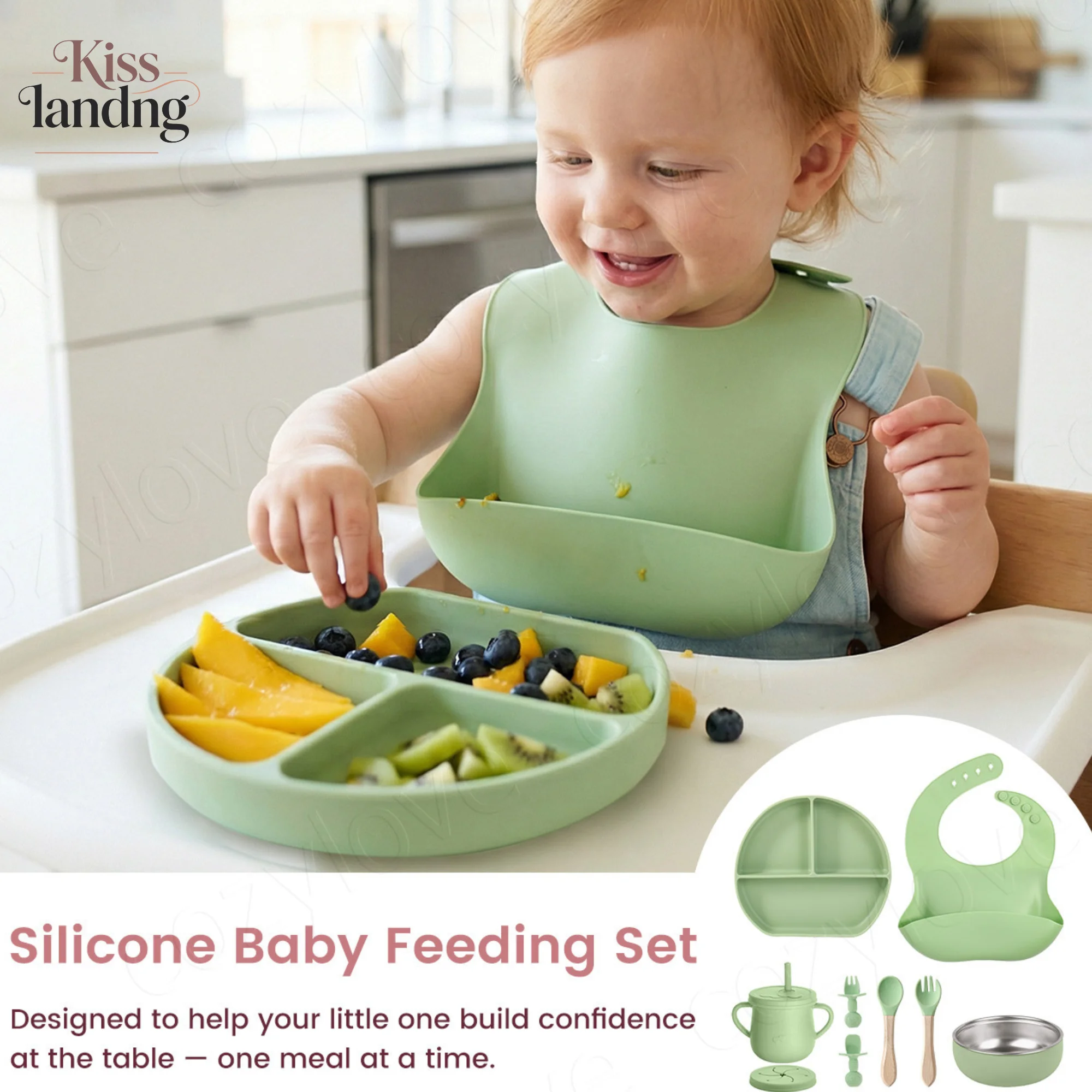 

Набор для кормления малышей из 8 предметов: силиконовая тарелка с разделителями, нагрудник, миска и ложка | Без BPA и подходят для мытья в посудомоечной машине