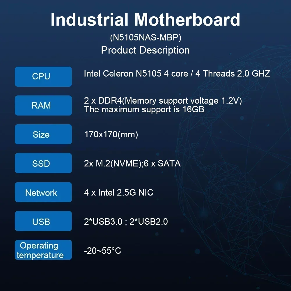 N5105 Industrial Motherboard NAS Motherboards 4 Cores 4 Threads Low Power Processor 4x2.5G i225 Network 2 M.2 Slot 6xSATA DP HD