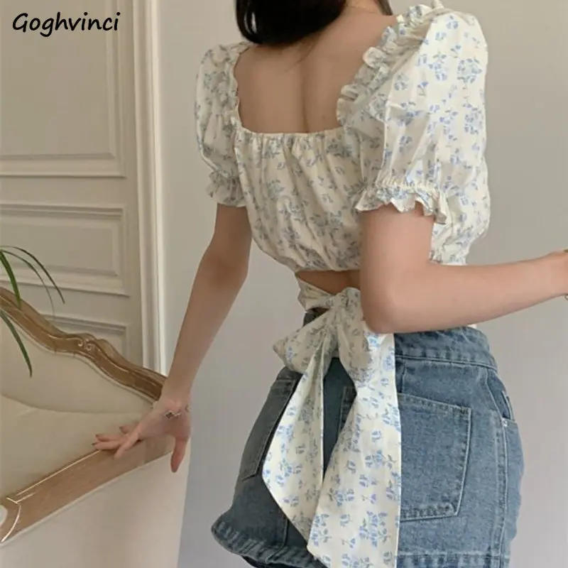 Floral Blouses Women Bandage Puff Sleeve Hotsweet Square Collar Crop Tops Fashion Summer Slim Streetwear Ulzzang Students Simple