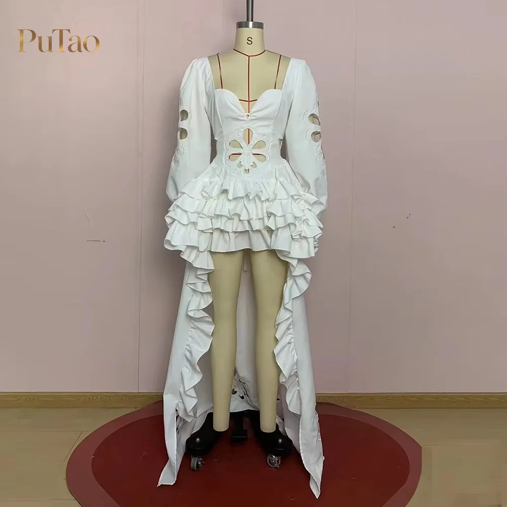 PuTao White Cut Out Floral Puff Sleeve High Low Prom Dress Hollow Out Ruffle Mini Skirt Long Train Evening Cocktail Formal Party