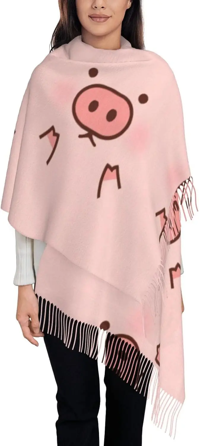 Uroczy szal z frędzlami z nadrukiem świnki, ciepły, miękki, idealny na jesień i zimę, lekki szal damski, modny dodatek na zimę.