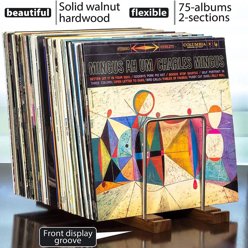 Retro Solid Walnut Vinyl Record Holder Space Saving Adjustable Record Stand Portable CD Racks