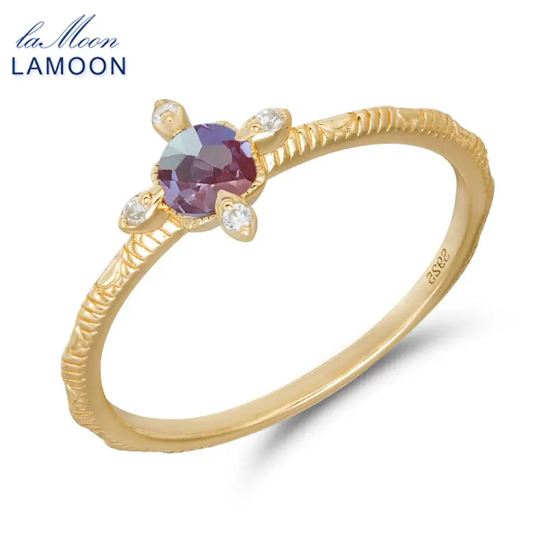 LAMOON 925 Sterling Silver Synthetic Blue Purple Alexandrite Ring For Women Elegant Knuckle Light Gold Color Thin Ring Jewelry