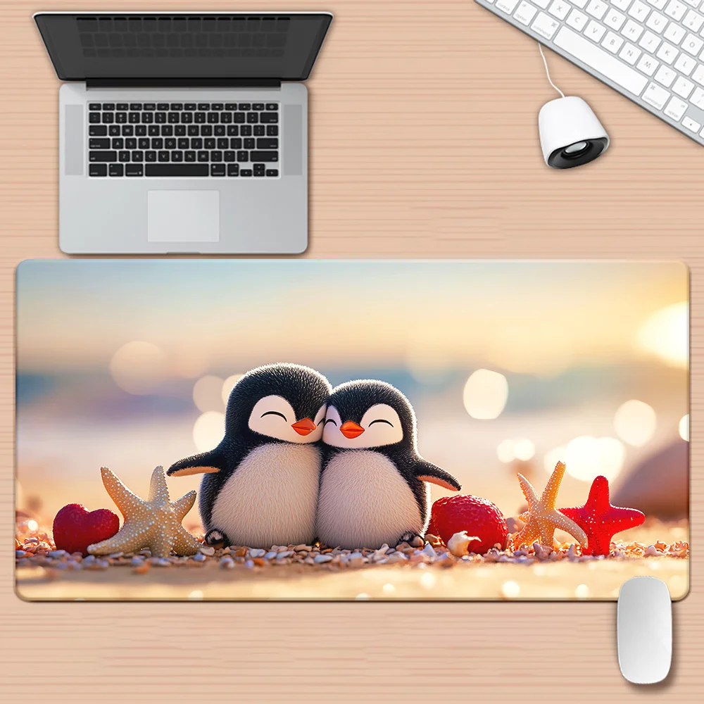Adorable Penguin Beach Scene XXL Mouse Pad Durable Rubber Gaming Desk Mat for Office Setup