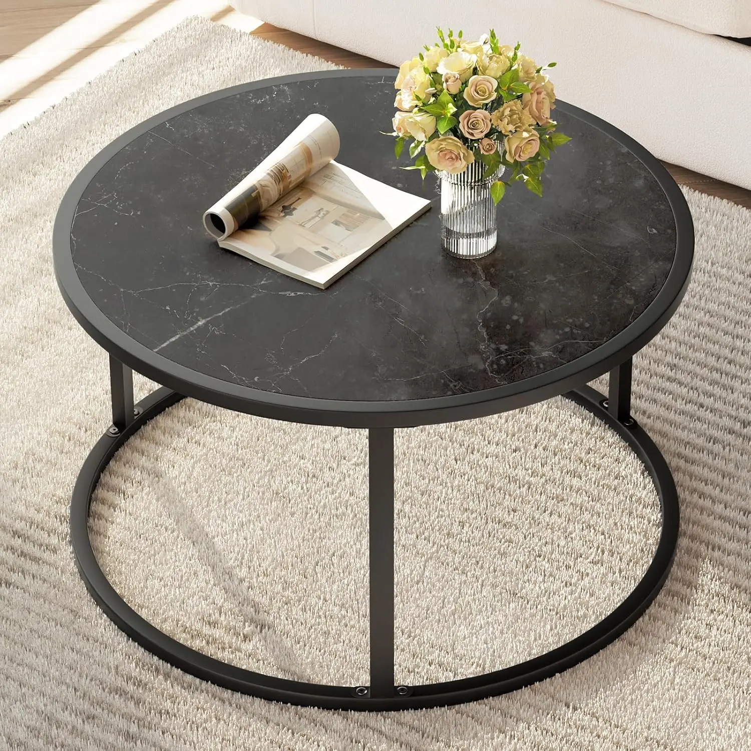 Black Coffee Table Round Marble CoffeeTables for Living Room Modern Small Center Table with Metal Frame, Faux Marble