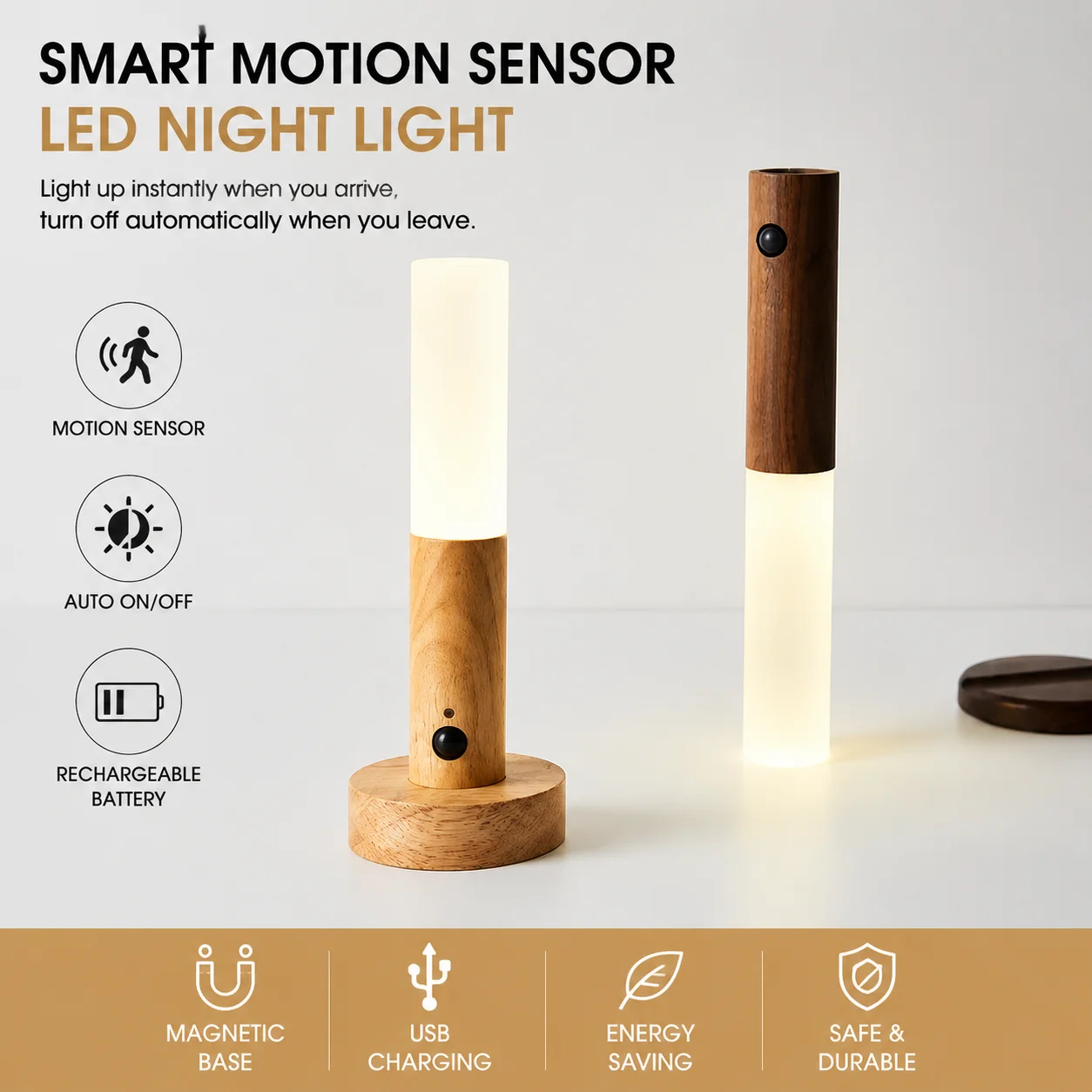 Wood-grain colored automatic night use bedroom corridor passage magnetic human body senor LED rechargeable small night light
