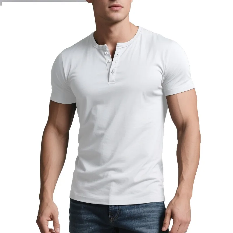 T-shirt à manches courtes pour hommes, col Henley blanc, coupe slim, décontracté, respirant, haut d'été