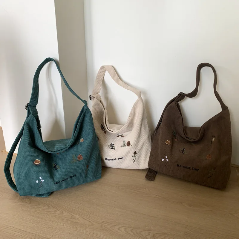 

Женская сумка через плечо, вельветовая сумка на плечо, осенняя новая полосатая сумка-тоут с вышивкой в стиле ретро