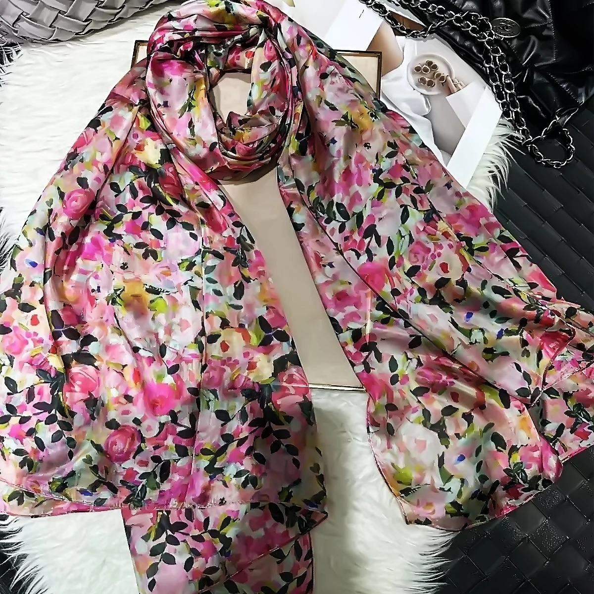 New Women Pink 100% Silk Scarf Hijab Bufandas Fashion Chinese Rose Floral Design Long Neck Head Scarves Beach Shawls Foulard