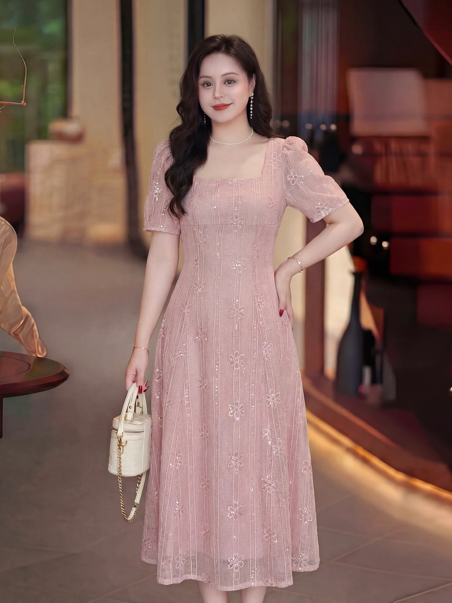

Dave's plus Size Elegant Summer Dress Formal Occasion Women's Clothing Square Collar Midi Dress Breathable Polyester Fiber