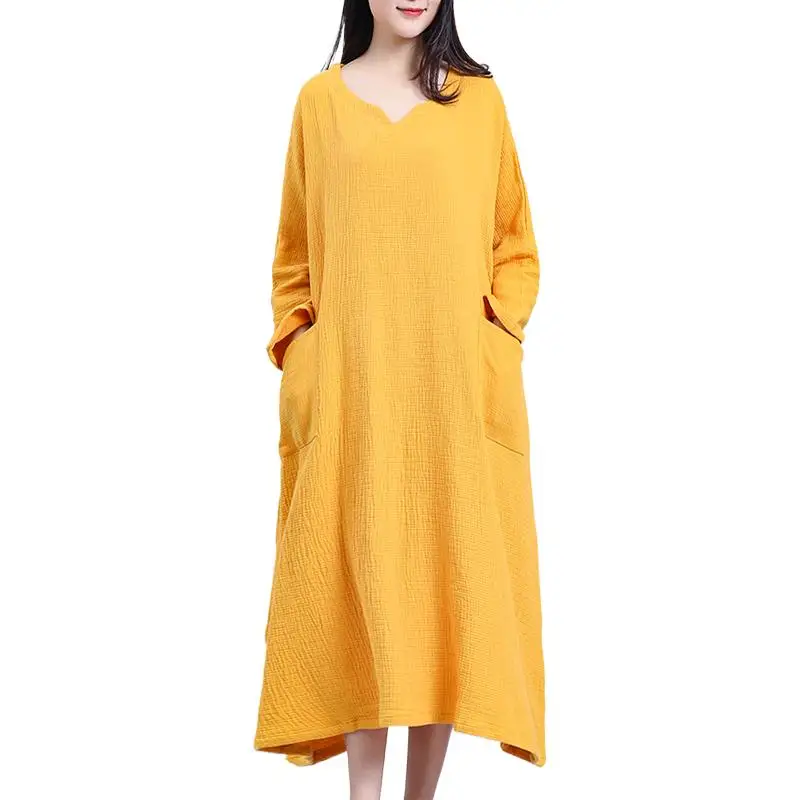 B2024 Spring Women V Neck Long Sleeve cotton linen dress Autunm Solid Pleated vintage Dress Vestido Female Robe Party Dress