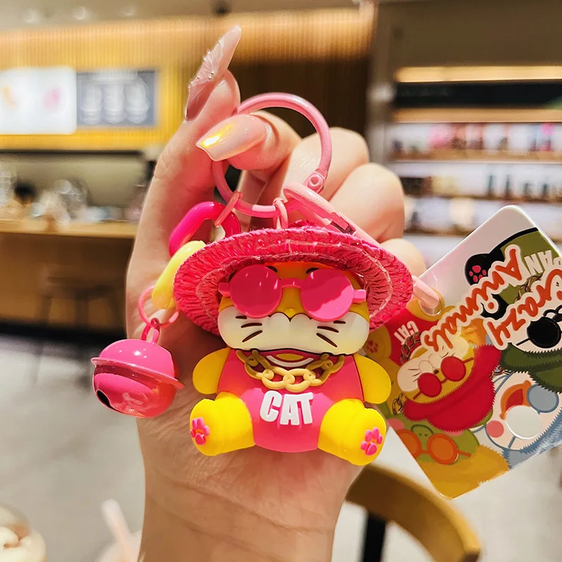 Crazy Zoo Straw Hat Panda Cat Keyring Cool Tide Music Festival Animal Doll Pendant Keychain Charm Backpack Ornamnet Car Key Ring